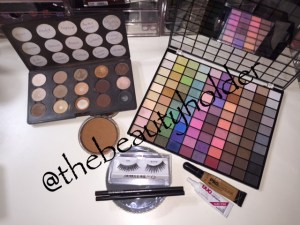 ELF, Spiked and Stud eyebrow pencils, LA Girl Pro Concealer Fawn, Ardell lashes 106, Covergirl Pressed powder in Golden Medium 